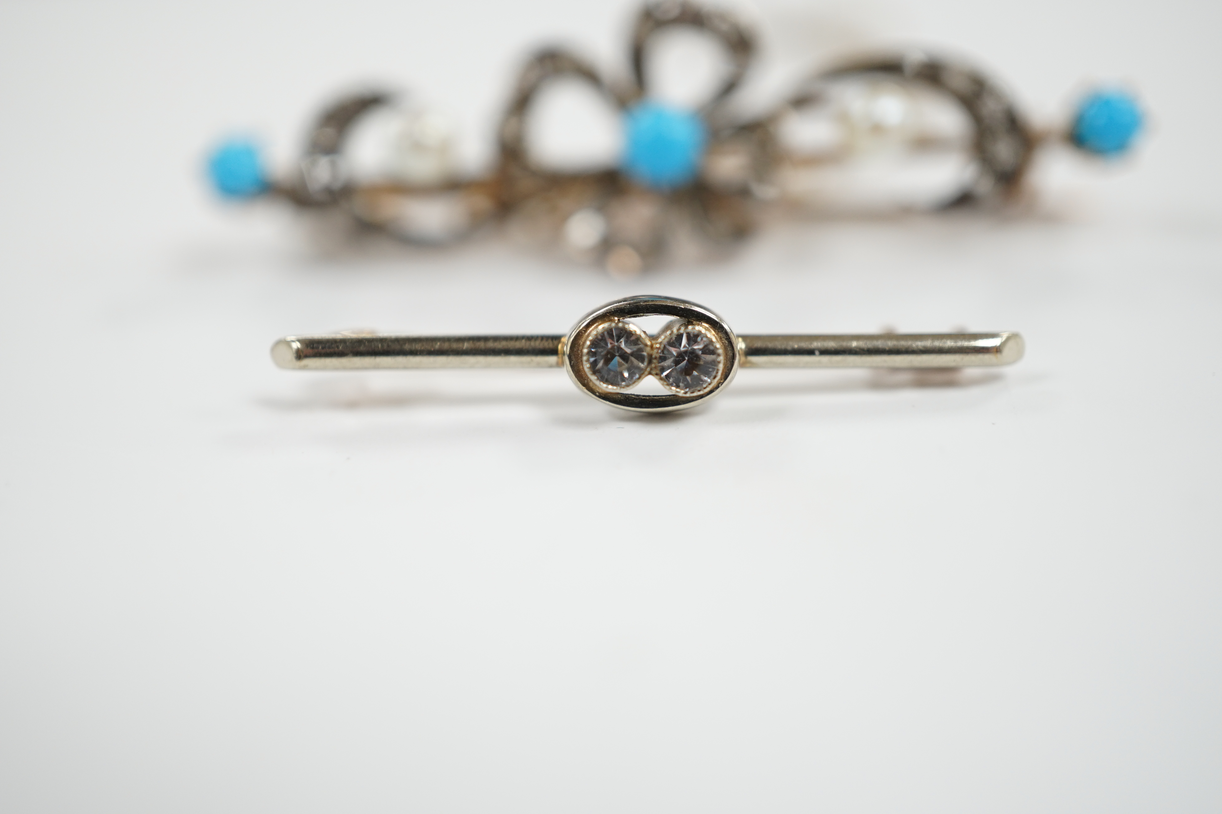 A Victorian yellow metal turquoise and rose cut diamond set bar brooch, 47mm and a simulated diamond set bar brooch.